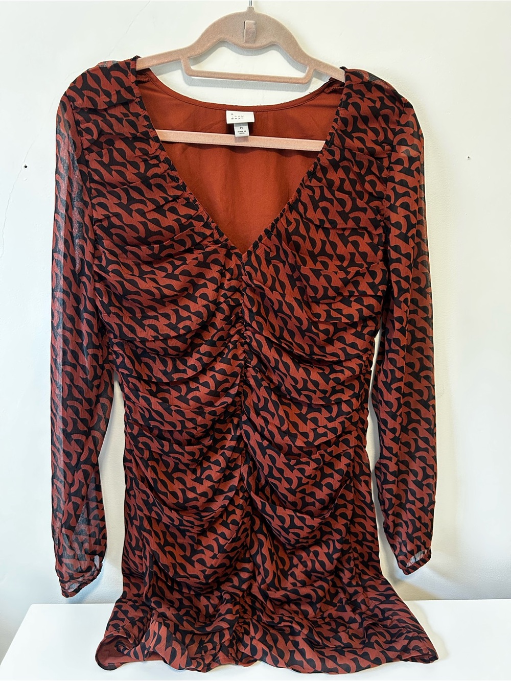 a new day Rust Red and Black Ruched V-Neck Midi Dress